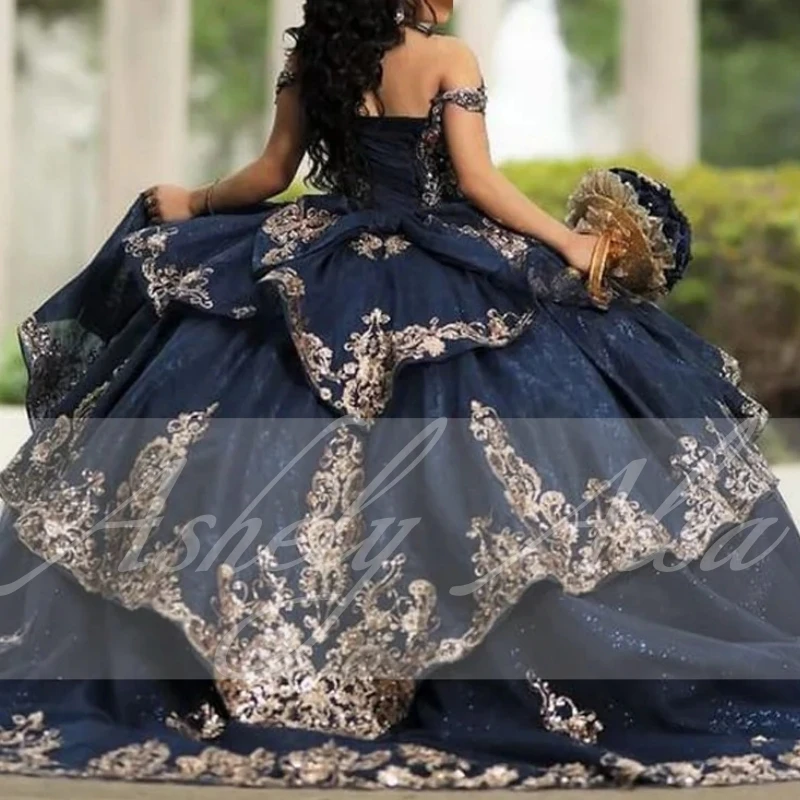 Customized Navy Blue Gold Women Birthday Party Dresses Off Shoulder Lace Applique Vestido De xv Anos Sweet 15 Quinceanera Prom