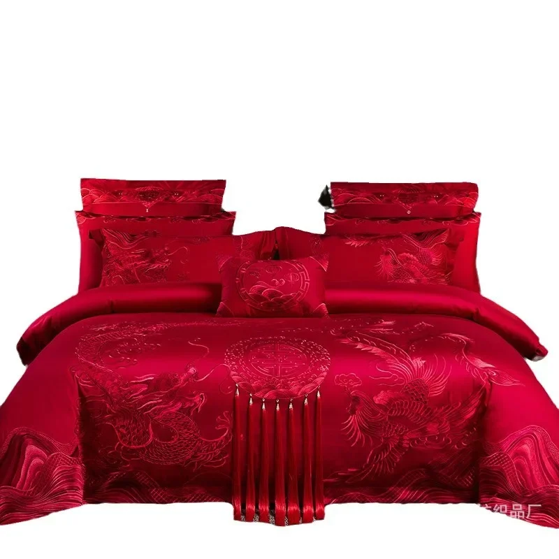

High end, luxury, long staple cotton, satin jacquard, wedding, four piece set, bright red.