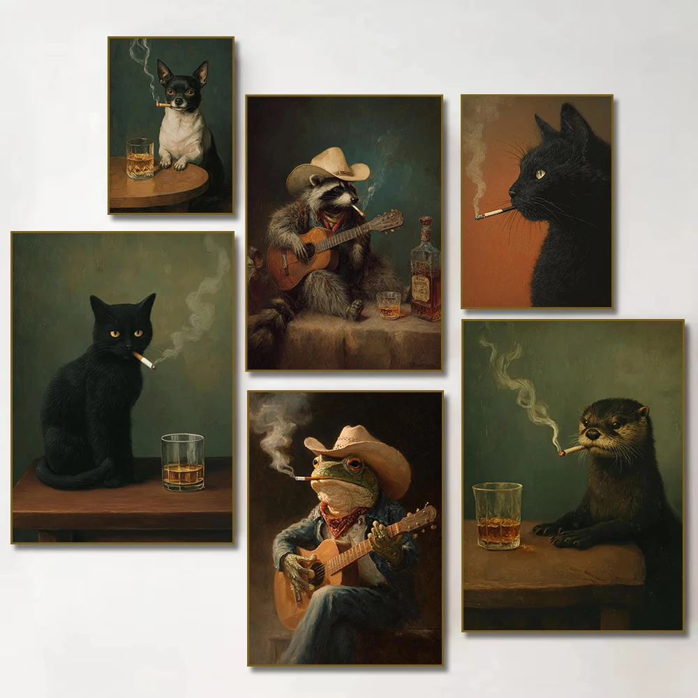 Moody Black Cat Raccoon Otter Frog Smoking with Whiskey Poster Print Canvas Painting Humor Wall Art for Living Room Home Decor