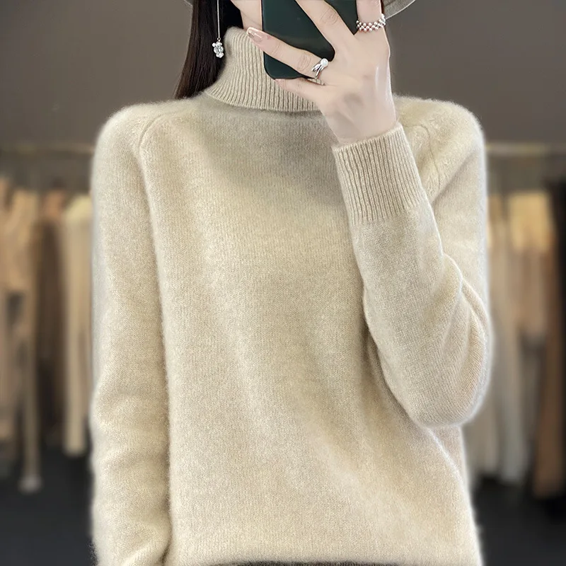 Autumn And Winter Fleece Knitted High Turnover Collar Sweater Women's Basic Versatile Cashmere Warm Top Pullover