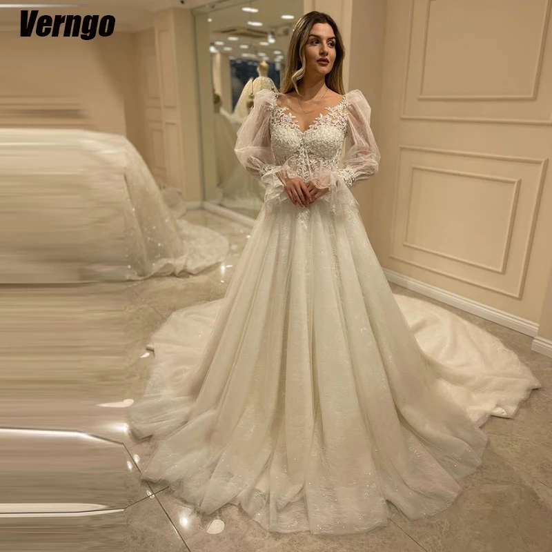 Verngo A-line Wedding Dresses O-neck Long Sleeves Bridal Gown Appliques 2024 Floor Length Tulle Bridal Dress Vestidos De Novia