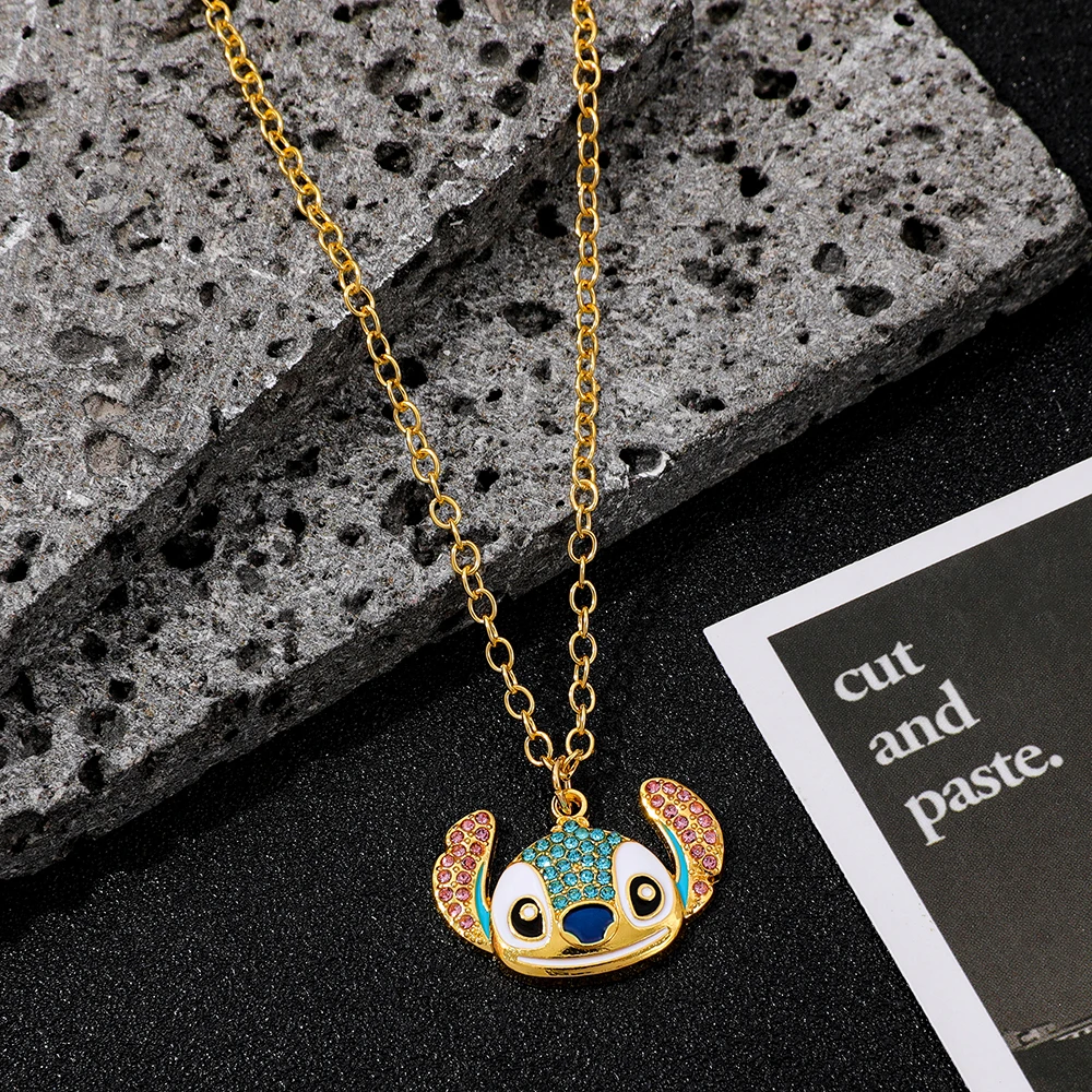 Disney Stitch Necklace for Women Sparkling Rhinestone Anime Cartoon Jewelry Unique Christmas Gift