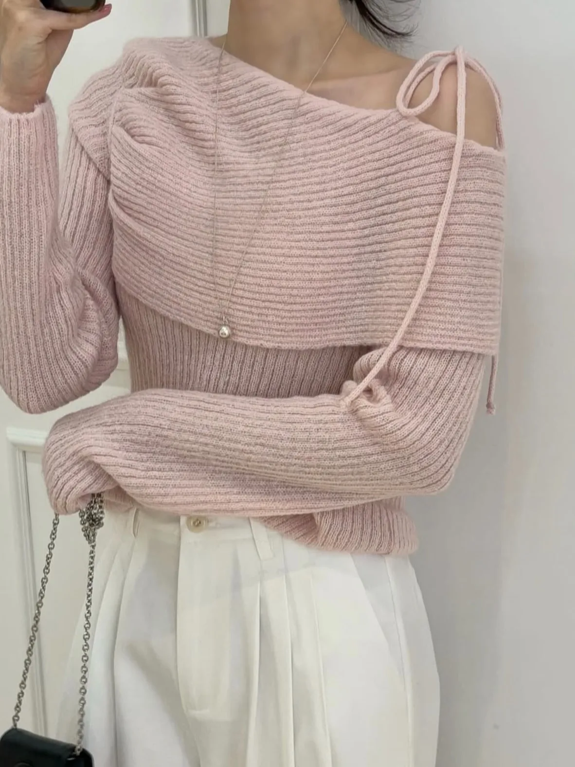 Faionable Chic oulder-baring Knitwear Women's Long Sve Top with Belt Design Spring Autumn Seasonal Ele Sle