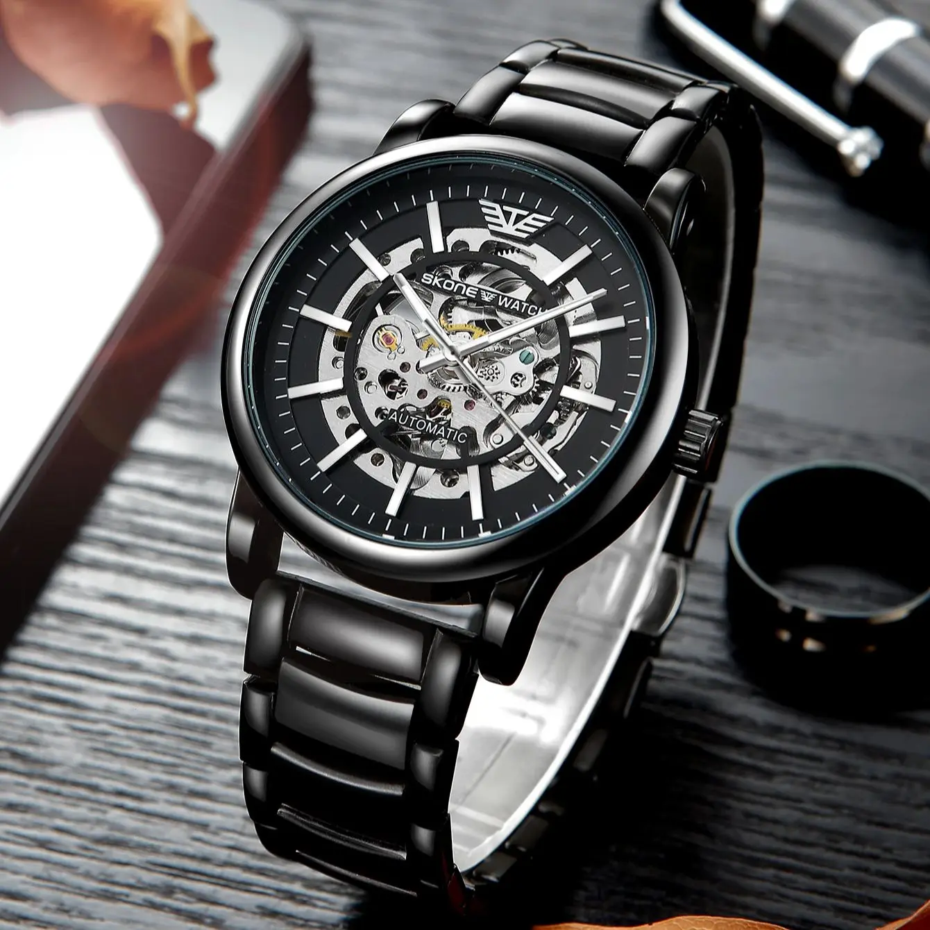 SKONE Mens WatchLuxury Hollowing Mechanical นาฬิกาข้อมือกันน้ําสแตนเลสแฟชั่นนาฬิกาอัตโนมัติสําหรับ Man