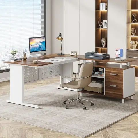 63 Inch Executive Desk with File Cabinet, L Shaped Office Desk with Drawers and Storage Shelves, Business Furniture Set