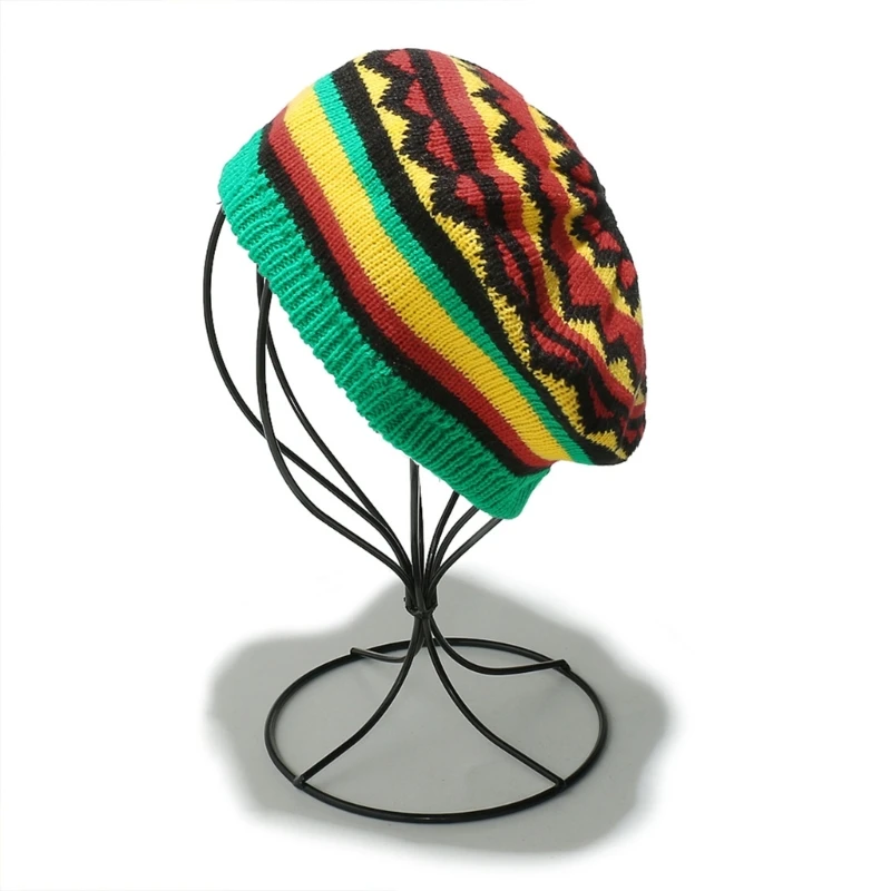 E15F Comfortable Stretchable Jamaican Hat Rainbow Color Knitted Reggae Hat Machine Washable Travel Friendly Headwear