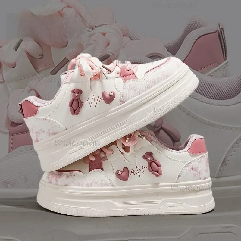 Cute Pink Platform Sneakers for Women Kawaii Bear Heart Patch Casual Shoes Fashion Lace-Up Thick Sole Vulcanize Shoes Size 35-40
