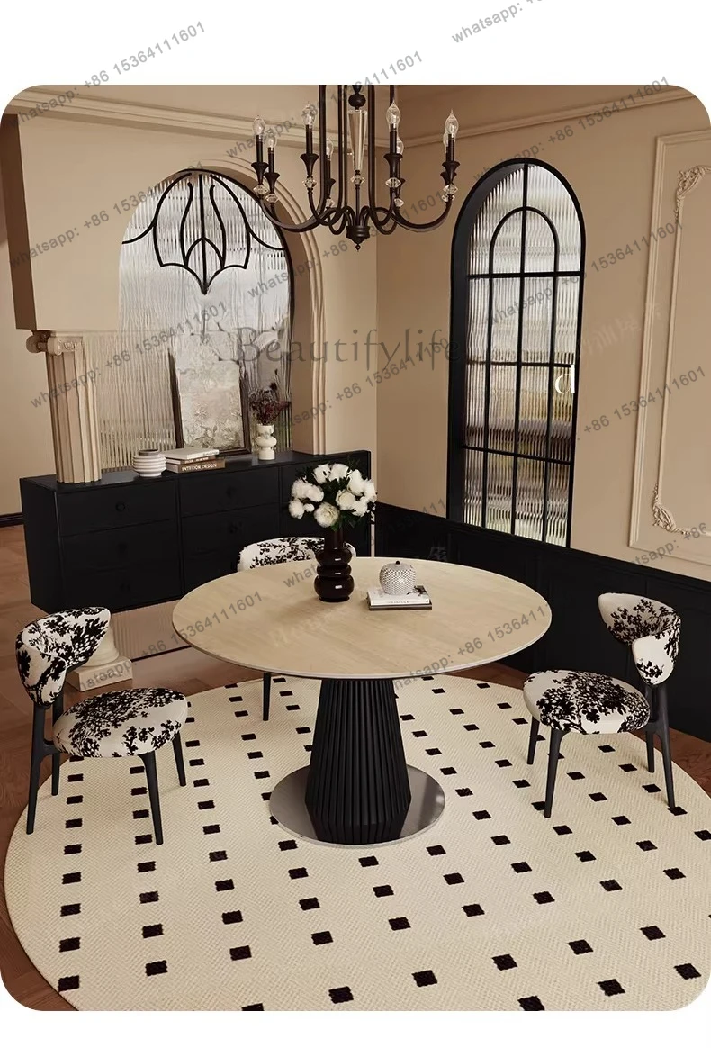 French retro travertine rock slab round dining table medium antique high-end solid wood black small round table