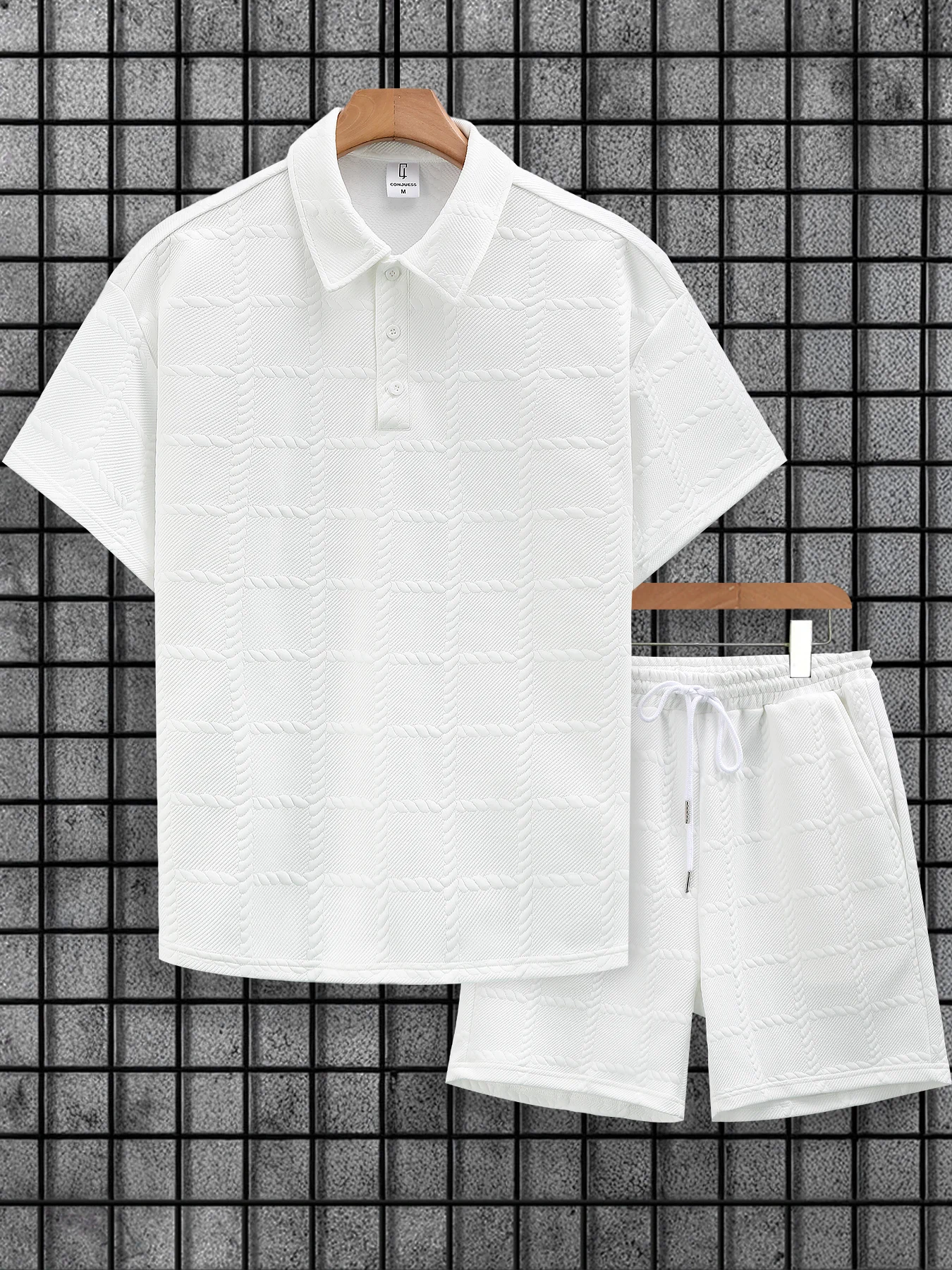 

Men's White Cable Knit Grid Textured Polo Shirt Casual Set 2 Piece Lapel Collar Short Sleeve & Drawstring Shorts Outfit