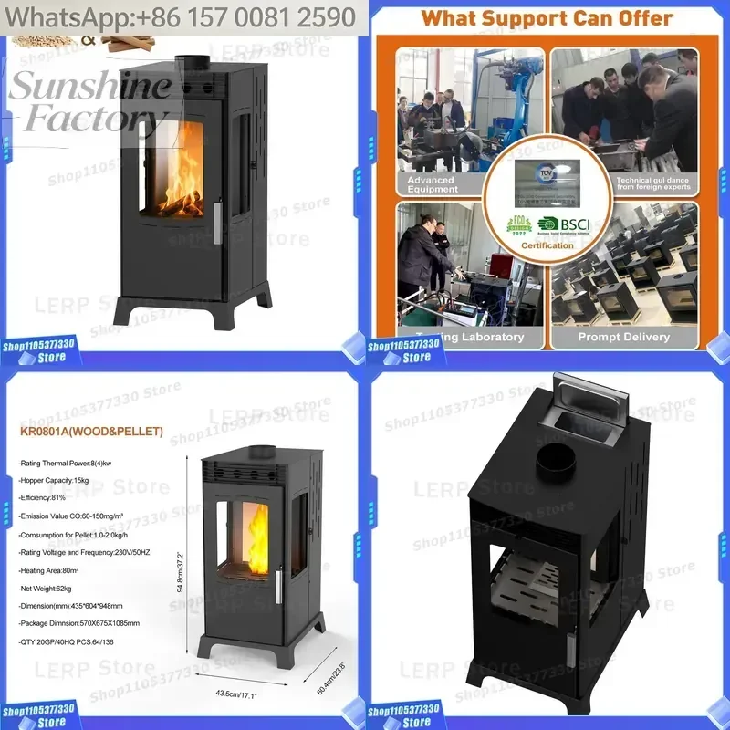 Estufa Híbrida de Pellets de Madera de 8KW, Estufa de Calefacción de Doble Combustible (Madera y Pellets), Vista Clara de la Llama, Calentador de Pellets Ecológico