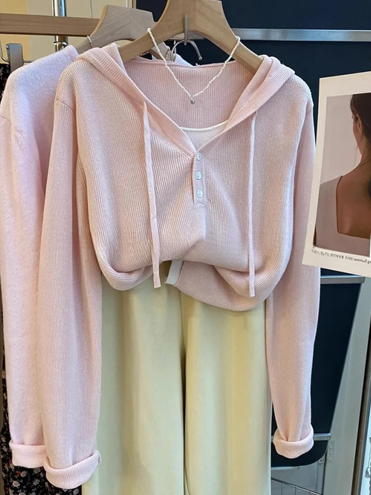 

Trendy Dstring Hoodie Knitted Top Loose Slimming Base Layer irt Korean Sle Long Sve Women's Faion Autumn Clothes