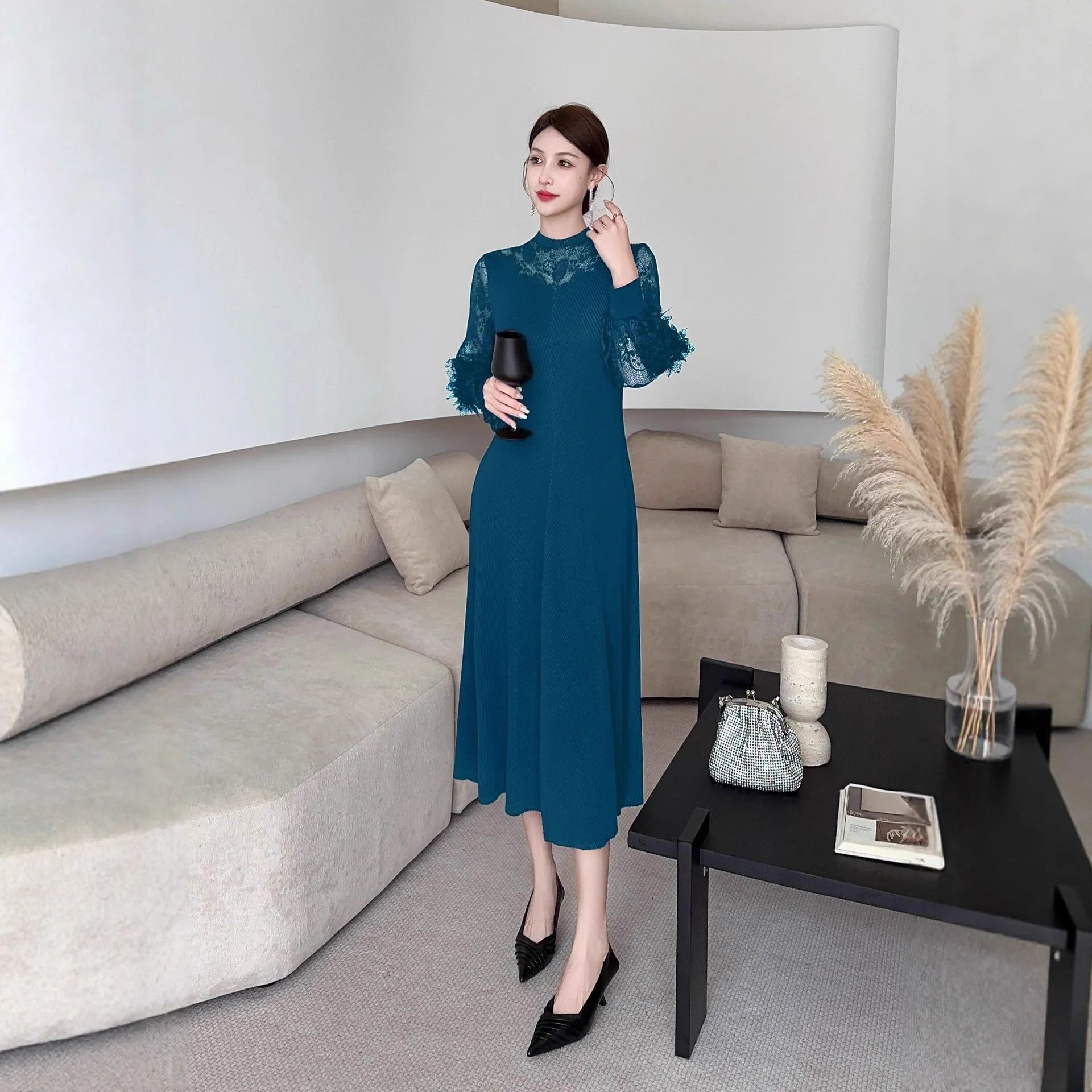 Miyake Pleated Lace Spliced Dress for Women 2025 New Solid Color High-end Half-high Neck Long Sleeve Loose Dress Long Skirt