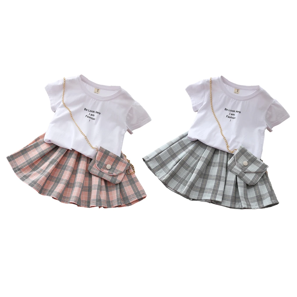 

Girl T-shirt Elastic Waist Skirt Set Traveling Children Tops Kit