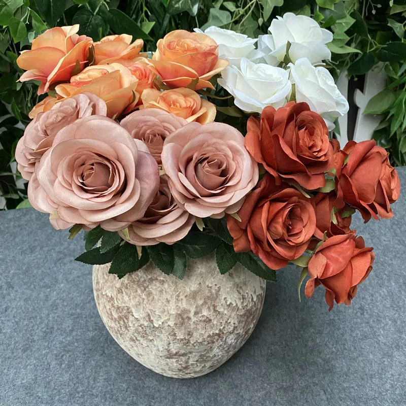 7heads Rose Bundle Artificial Fake Silk Flower Dusty Pink Black White Wedding Decoration Christmas Party Display Gift Fall Color