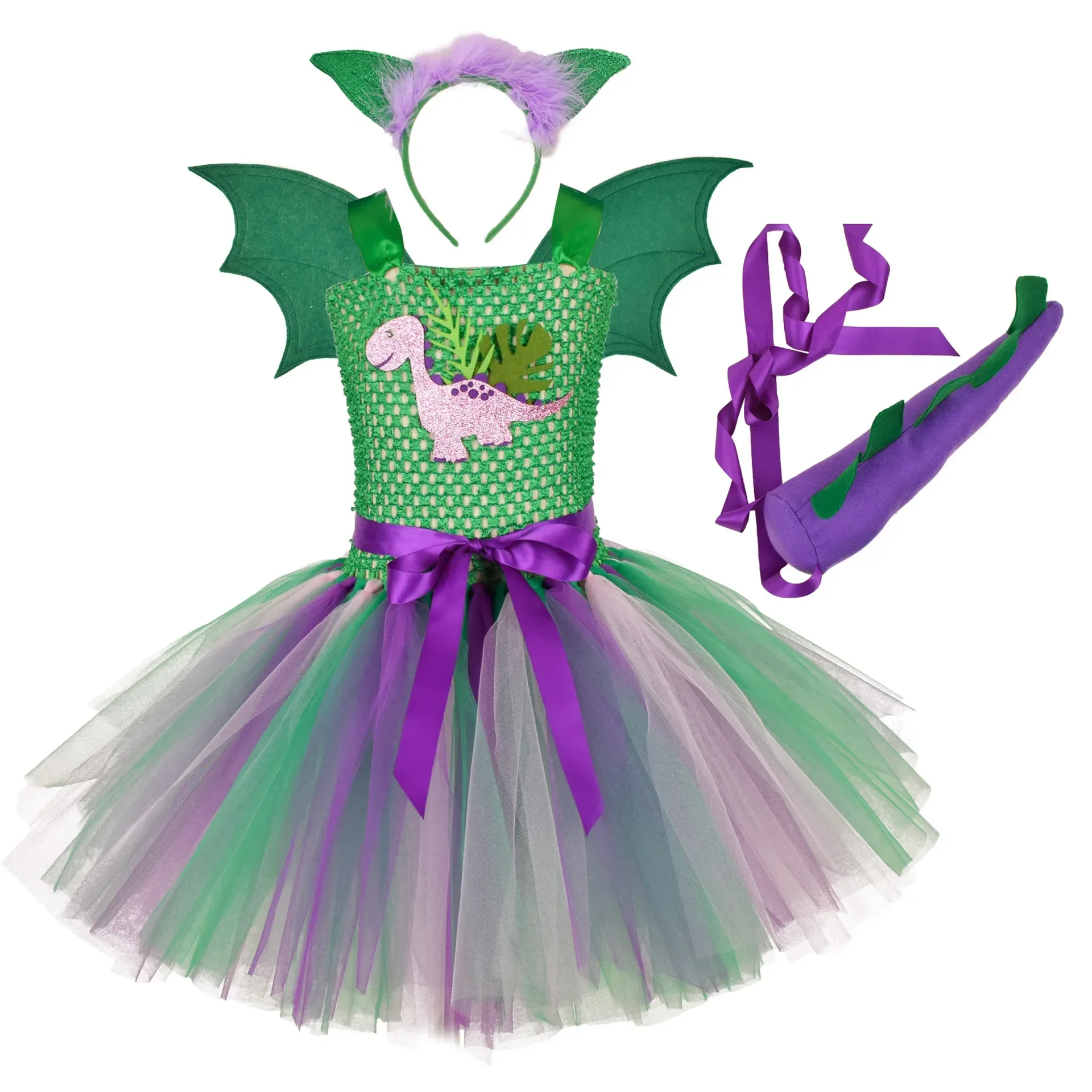 Kids Girl's Cosplay Green Dinosaur 4pcs Set Tutu Dress Birthday Party  Dresses for Baby Cartoon Princess Girls Halloween Costume