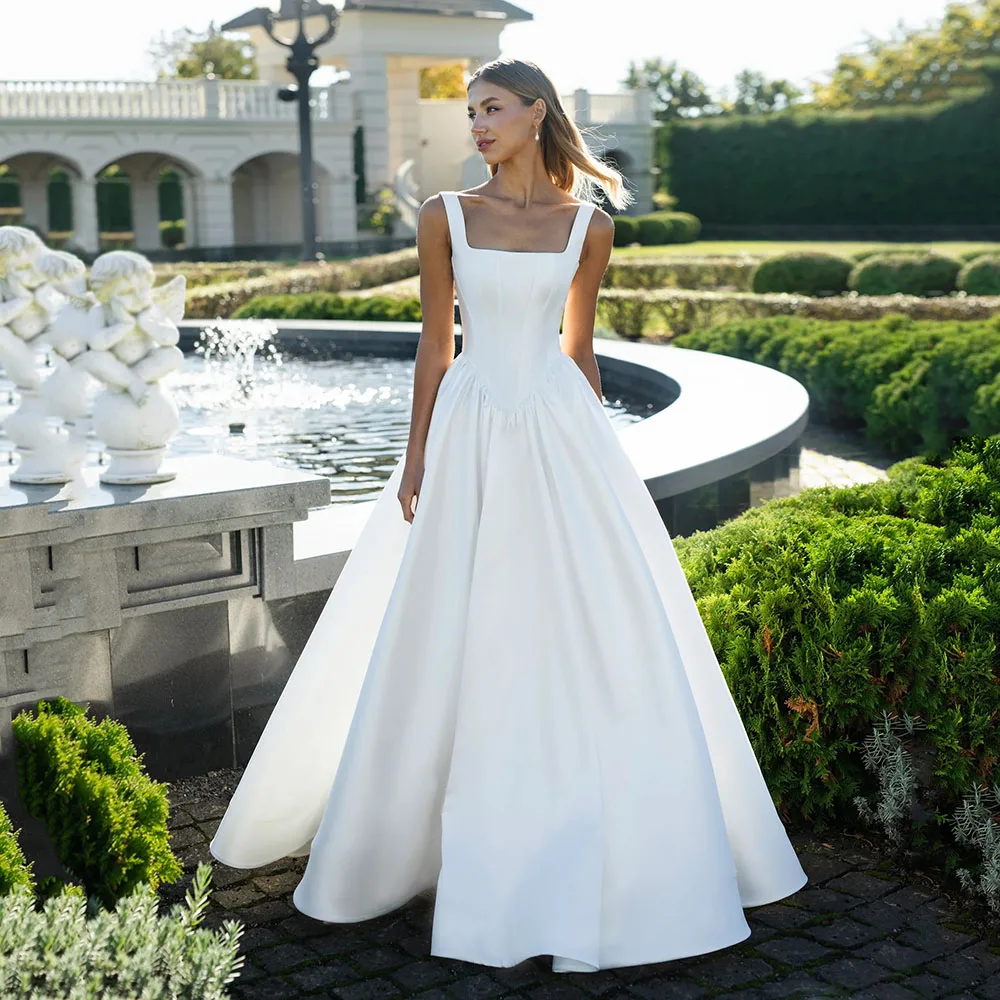 

Sleeveless Satin A-Line Wedding Dresses 2025 Square Collar Customized Bride Gown Vestido De Novia Simple Women Bridal Dress