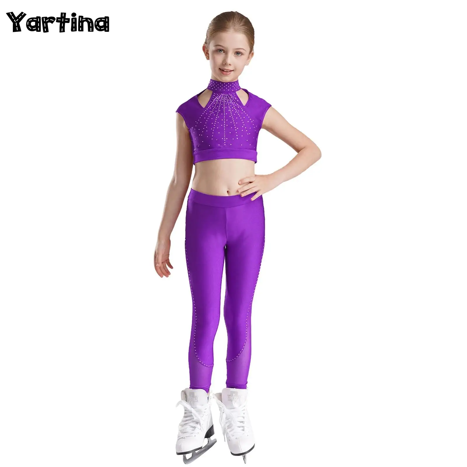 

Girls Shiny Rhinestones Gymnastics Artistic Skating Ballet Unitards Costume Cutout Crop Top with Sheer Mesh Training Leggings