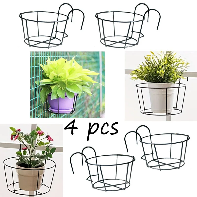 

4pcs Hanging Planter Basket Stand with Trays Round Metal Railing Planter Hanger Flower Pot Holders Fence Baskets for Balcony