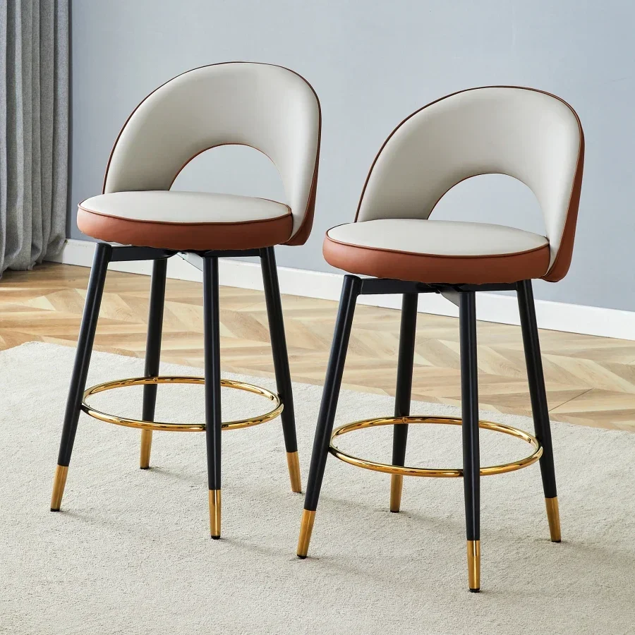 360 ° rotatable bar chair.Modern Brown and Light Gray Spliced Color PU comfortable upholstered bar chair with smooth and beauti