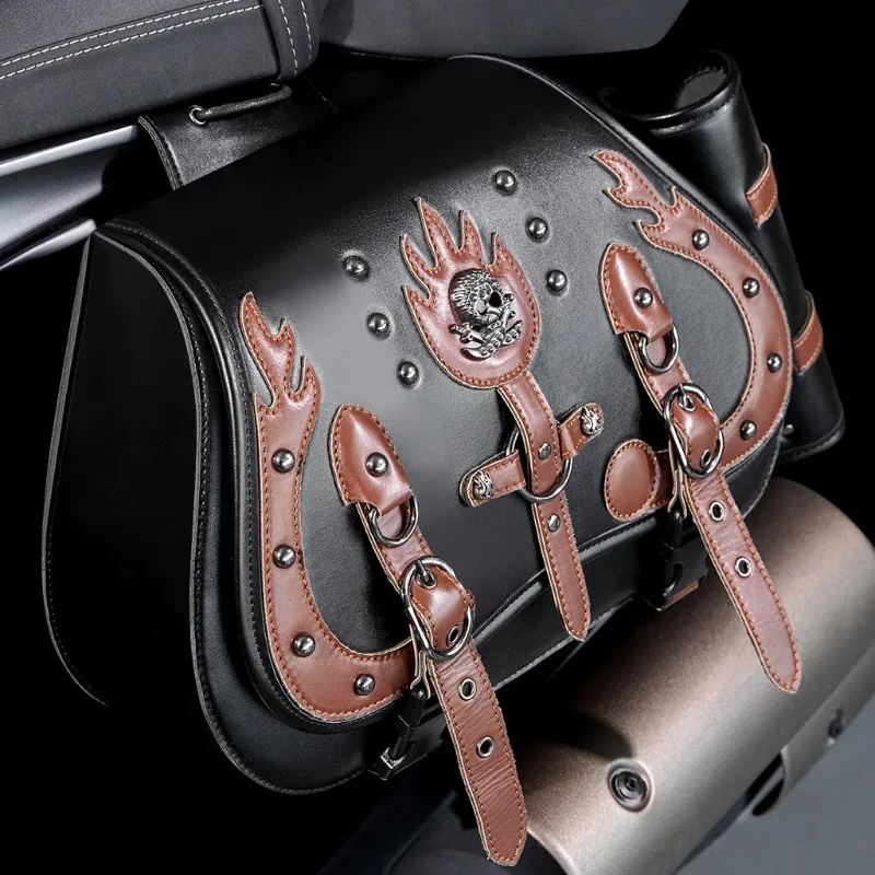Motorcycle Side Bag with Water Bottle Holder, Vintage Flame Skull Rivet Embossed Saddlebags，Punk Retro Modified Luggage Pouch