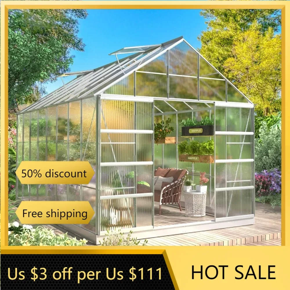 10' x 16' Outdoor Aluminum Greenhouse Polycarbonate with Adjustable Roof Vent and Sliding Door for Backyard Garden in Winter