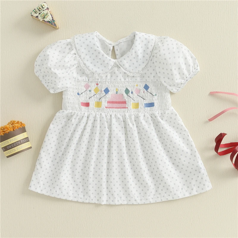 

Baby Girls Birthday Dress Birthday Cake Embroidery Dot Print Lace Trim Doll Collar Short Sleeve Casual Dress Summer Dress