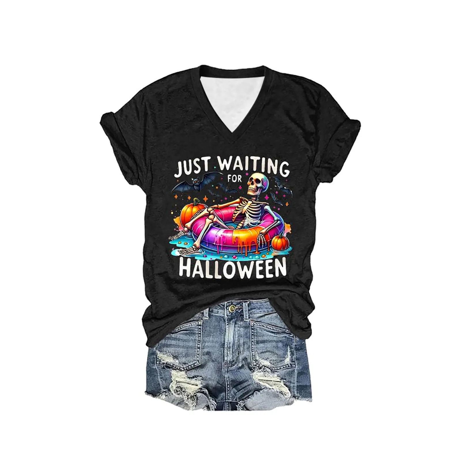 Just Waiting For Halloween Shirt Women V Neck Skeleton Printed Short Shirt Funny Tee Streetwear Casual T-Shirt Top 2024 New