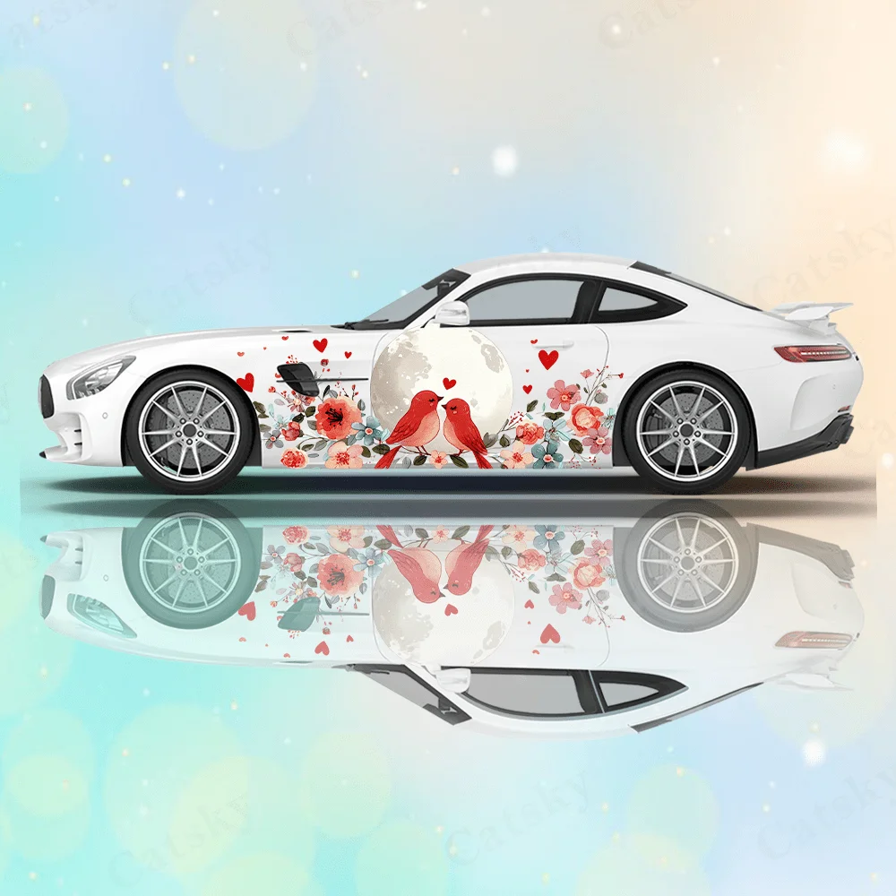 Parrot Couple Branch Moon Car Side Sticker Decor,PVC Waterproof Scratch Resistant Decal,Car Protection,Auto Accessories Gift