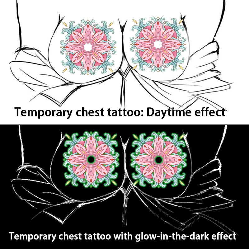 

Сексуальные временные накладки на соски с татуировкой груди, розовый цветок пиона, светящийся в темноте дизайн, водонепроницаемые и защищающие от пота наклейки.