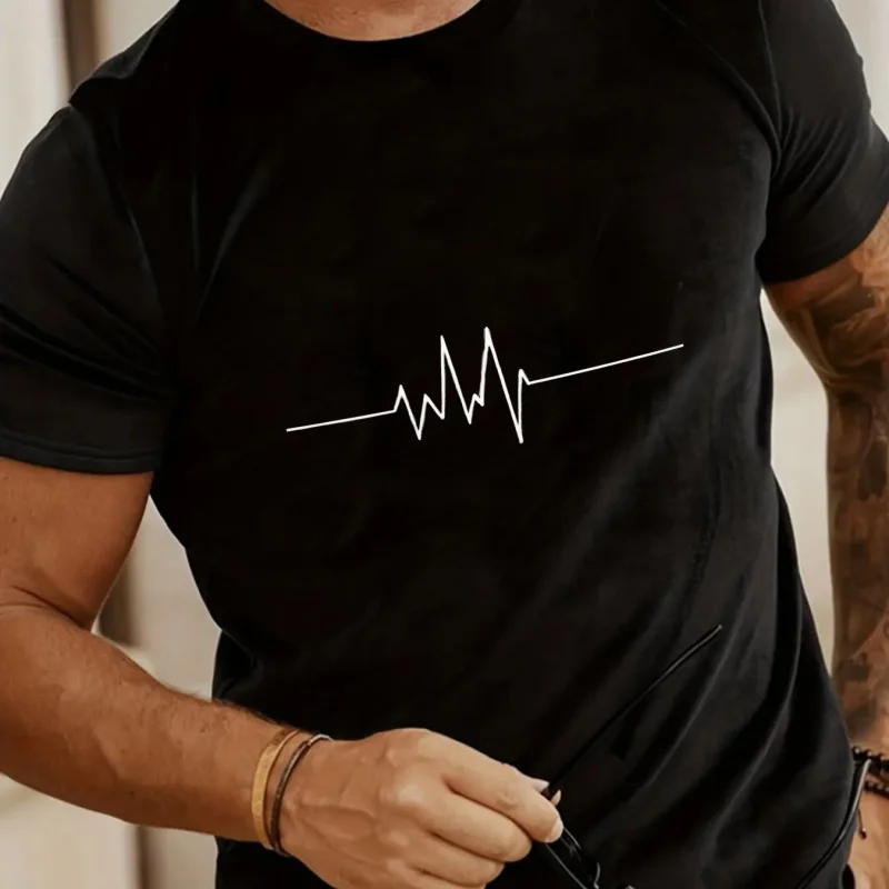 Men's T-Shirt Black Heartbeat Line Print High Quality Cotton 180g
