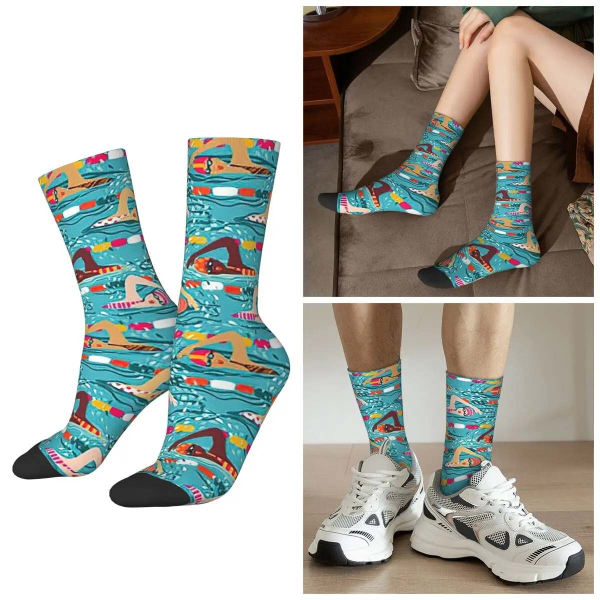 All Seasons Cartoon Swimming In The Swim Pool Socks Harajuku Sport Middle Tube Socks Super Soft Stockings for Men Women Gifts
