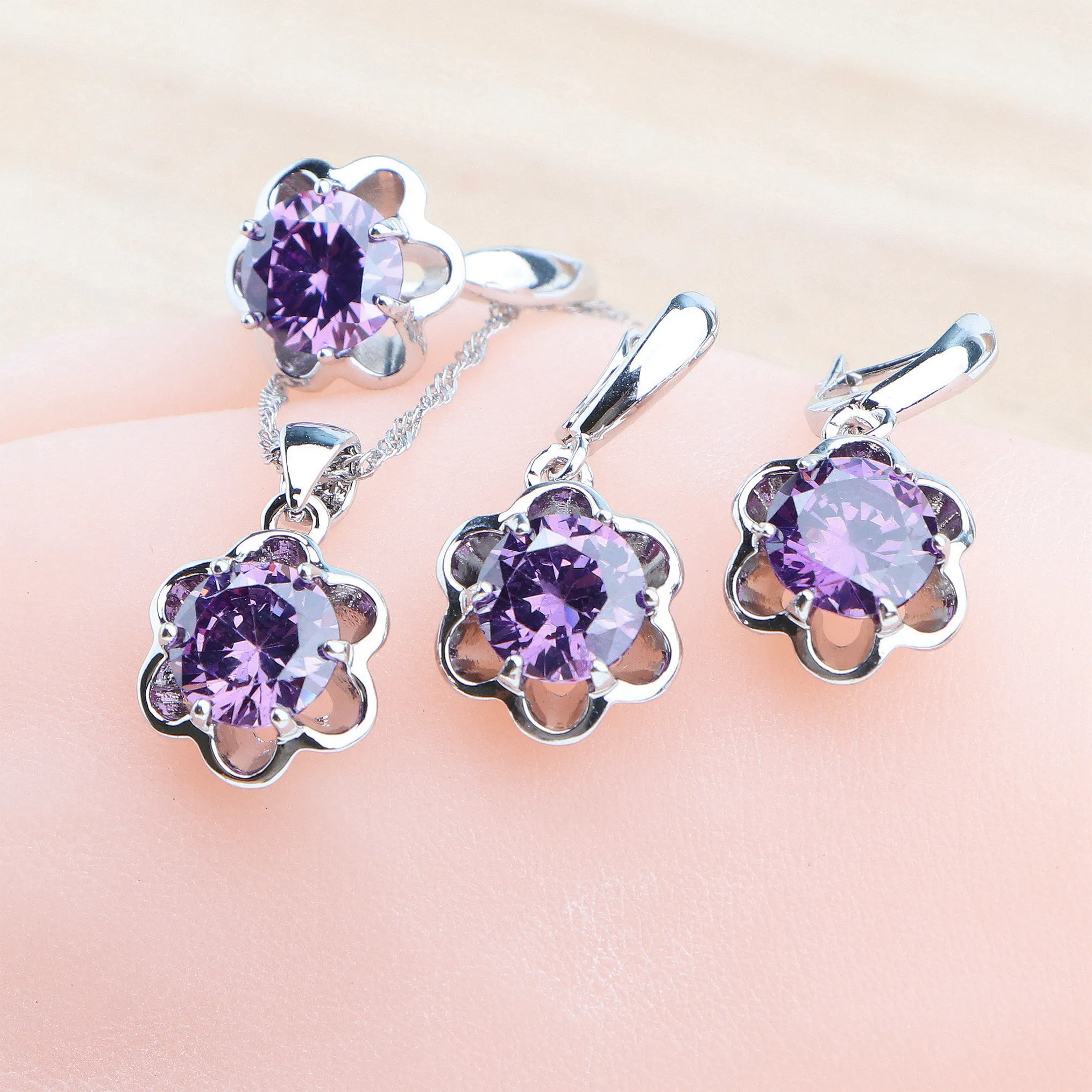 925 Sterling Silver Bridal Jewelry Sets Wedding Purple Zirconia For Women Rings Pendant Necklace Earrings Stones Bracelets Set