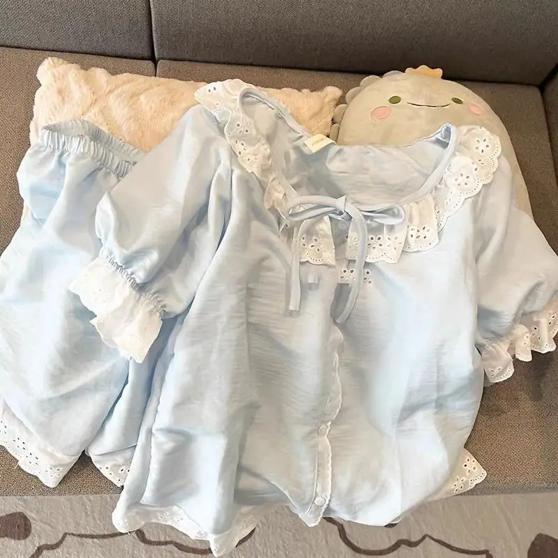 

Korean Summer Ruffles Solid Color Bow Pajamas Women's Sweet Short-sleeved Shorts Elegant 2-piece Set Cute Home Clothes 2025 New