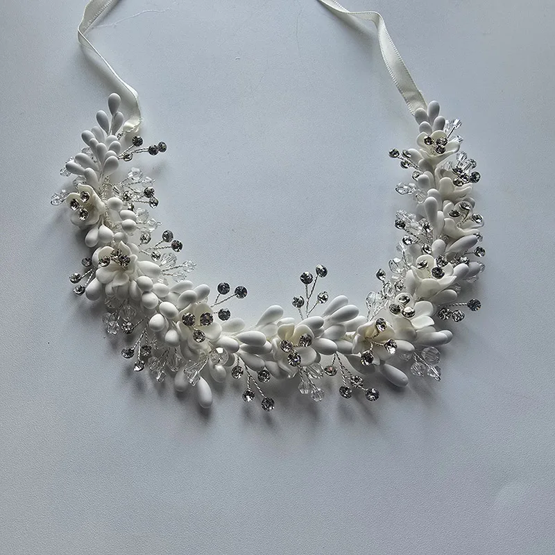 SLBRIDAL Handmade Flexible Soft Rhinestones Crystals Ceramic Flower Bridal Tiara Headband Wedding Crown Women Headdress  Jewelry
