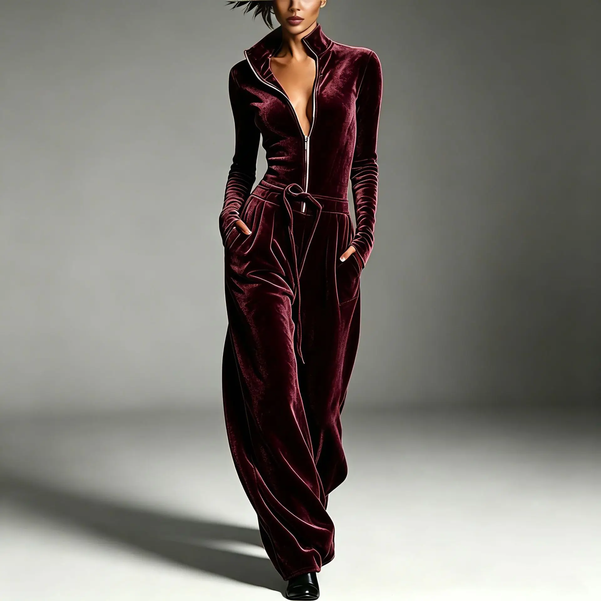 Spring Retro Solid Velvet Women's Jumpsuit Elegant Half Zip Stand Collar Drawstring Waist Overalls Casual Streetwear Romper