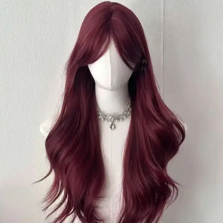 

Высокотемпературное волокно, длинные волнистые бахромы, бордовые парики из синтетических волос на кружеве для чернокожих женщин, легко носить, бесклеевые занавески с челкой