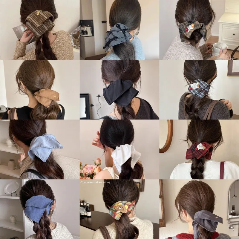 

Korean-style checkered fabric, large intestine hair ring, large square scarf, hair ornament, high-end ponytail headdress