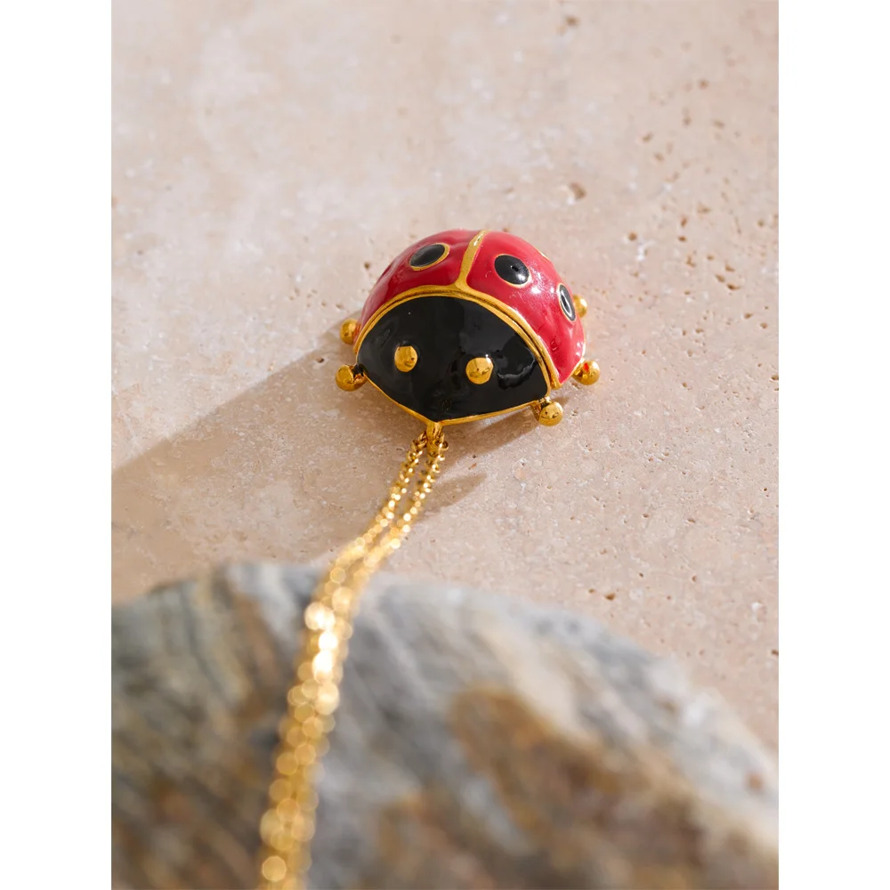 Yhpup Trendy Red Enamel Ladybird Insect Pendant Necklace 18K Golden PVD Plated Popular Fashion Jewelry Waterproof