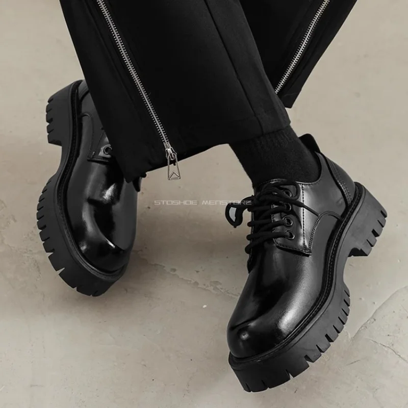 British Vibe Derby Shoes for Men Thick Soled Leather Shoes, Men's Casual Business Attire Height Up Lace Up Round Toe Shoes
