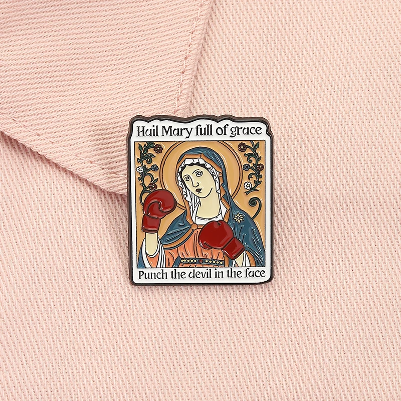 Hail Mary Full of Grace Punch the Devil in the Face Enamel Pin Virgin Mary Donning Boxing Gloves Catholic Badge Jewelry Gifts