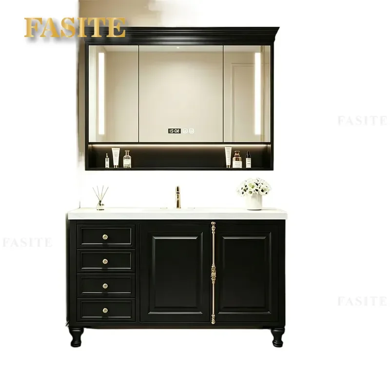 For French Retro American Style Floor to Ceiling Bathroom Cabinet with Rock Slab Seamless Integrated Basin and Toilet