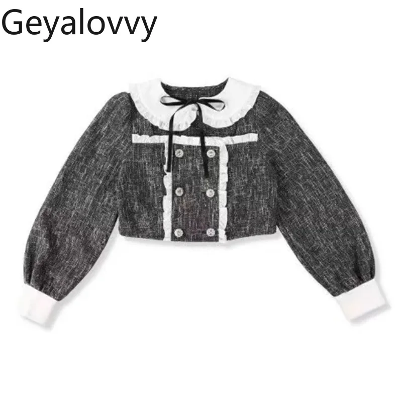 

Осеннее новое милое милое короткое пальто с длинными рукавами для девочек в японском стиле, универсальная модная двубортная куртка с кукольным воротником