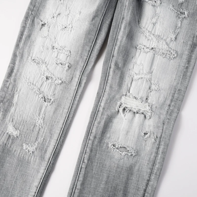 

Мужские джинсы Y2K в стиле ретро: высококачественные серые стрейчевые джинсы с рваными элементами и нашивками, винтажные брендовые джинсовые брюки