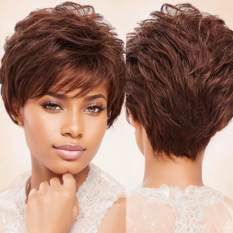 

Short Pixie Cut Straight brown 100% Remy Human Hair Wig for Black Women Straight Machine Made Wig