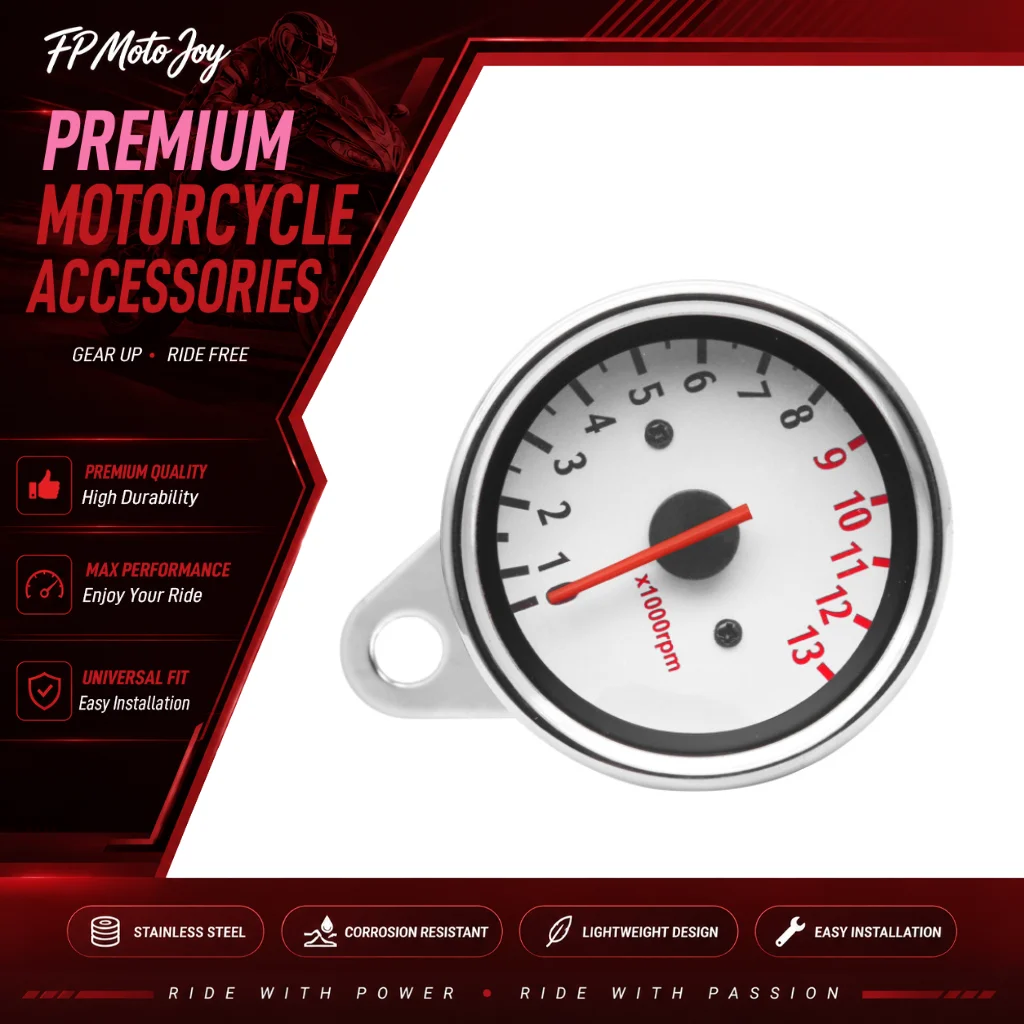 Universal Retro Motorcycle Tachometer Gauge, 13000 RPM Rev Counter Stainless Housing with LED Backlit, Motorbike
