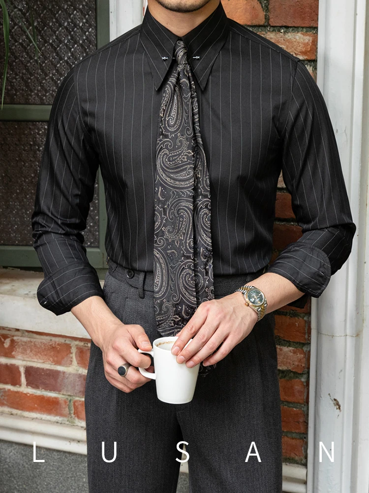 High-End Gentry All-Matching Striped Shirt Empire Collar Non-Ironing Italian Business Fashion Long Sleeve Shirt for Men