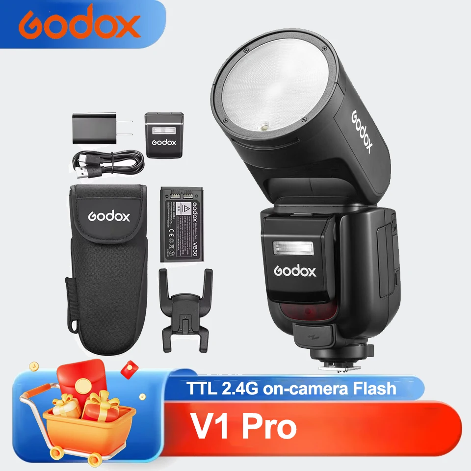 

Вспышка Godox V1Pro C/N/S/F/O TTL, 1/8000 HSS, 500 вспышек на полной мощности, беспроводная связь 2.4G, время перезарядки 1.3 с, для Canon, Sony, Fuji, Nikon