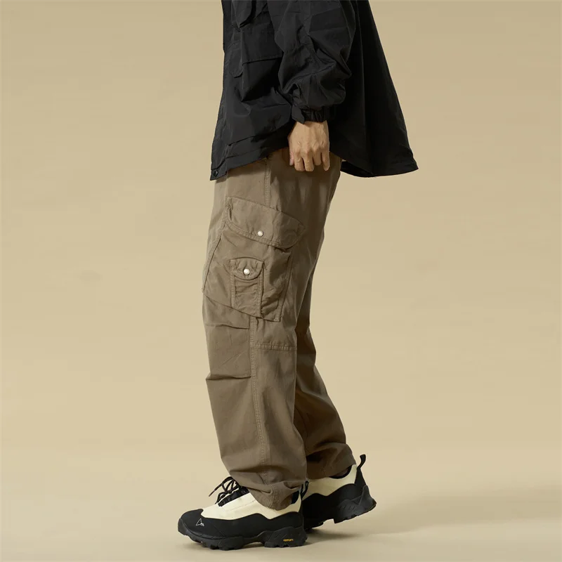 الخريف الشتاء هونغ كونغ نمط الرجال سراويل تقليدية فضفاضة واسعة الساق القطن مستقيم الساق مرونة الخصر المألوف في سن المراهقة الحجم #4
