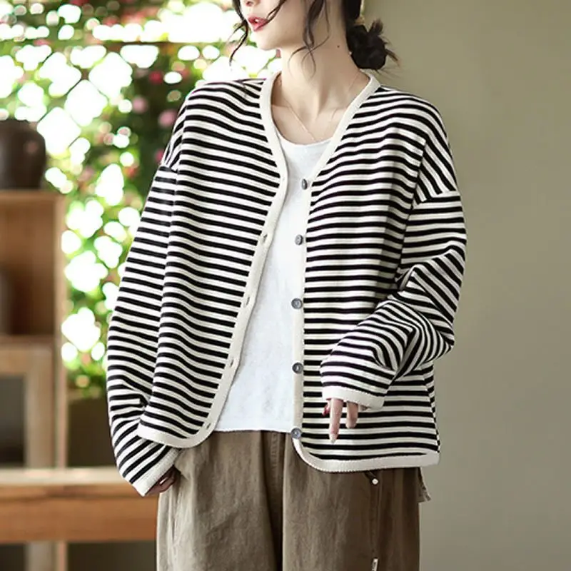 ribbon edging single breasted long sleeved short jacket for women's Spring autumn new lazy style loose striped cardigan top