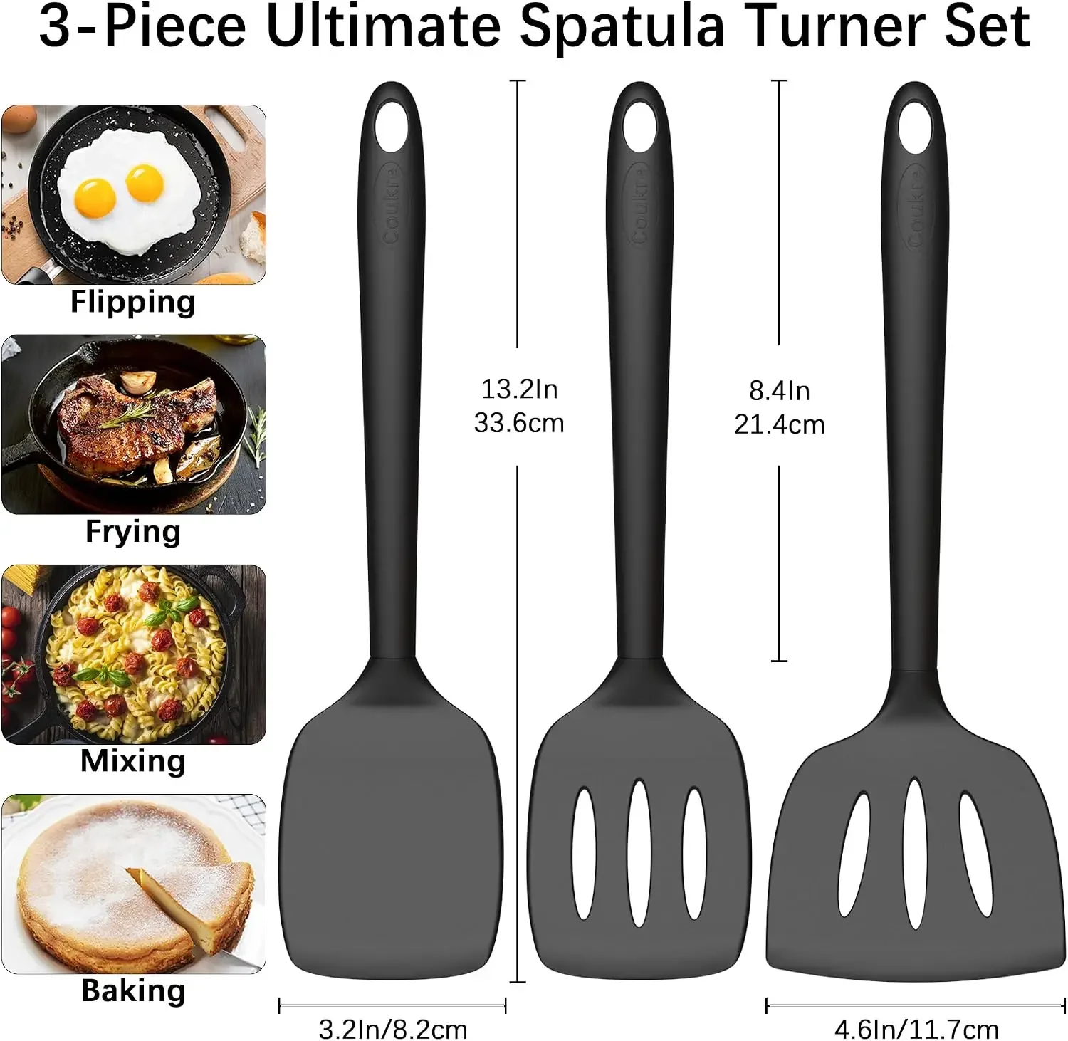 3 Pack Silicone Spatula Set, Heat Resistant to 500°F, BPA-Free | Fish Spatula, Solid & Slotted Turners, Dishwasher Safe